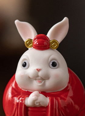 国潮陶瓷招财状元兔子摆件家居办公桌面装饰品可爱生肖玉兔吉祥物