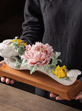 花开 富贵陶瓷手工捏花牡丹花瓷花吉祥如意摆件客厅玄关装饰工艺
