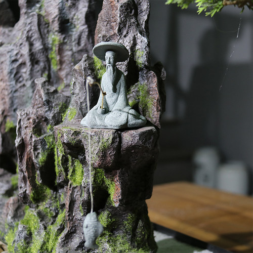 青砂石钓鱼翁摆件鱼缸装饰造景渔翁微景观假山盆景姜太公园艺摆件 - 图0