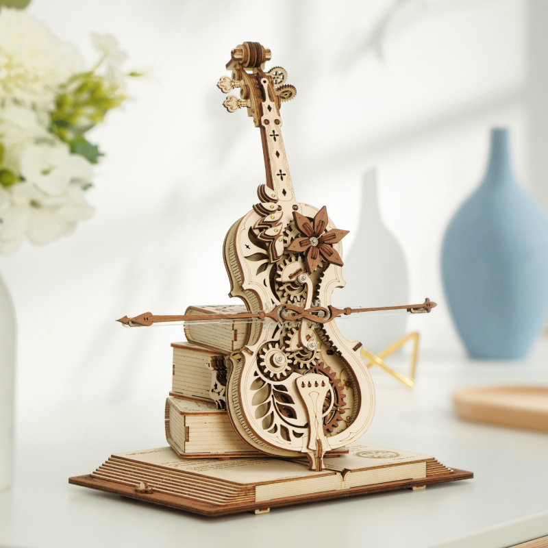 ROKR若客秘境大提琴diy手工积木音乐盒八音盒3d木质拼装模型玩具