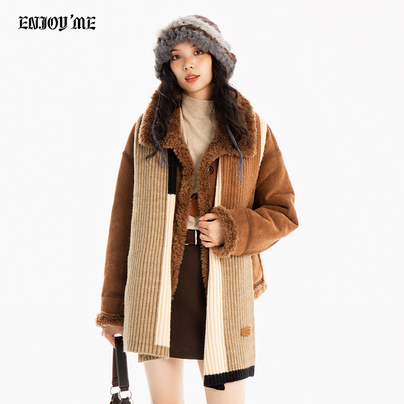 ENJOY商场同款美拉德风羊羔毛皮毛一体短外套女冬季保暖麂皮外套,淘宝优惠券,粉丝福利购,淘宝优惠卷