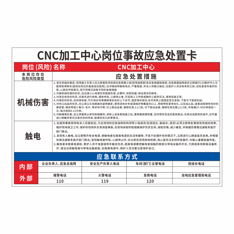 事故应急处置卡空压机危险化学品泄漏火灾触电有限空间应急处置标识CNC生产车间机械伤害提示警示标识标志牌 - 图3