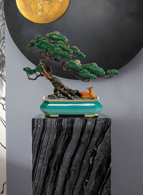 迎客有财黄铜新中式盆景禅意摆件