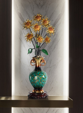 京茵新中式黄铜蒸向日葵花瓶摆件