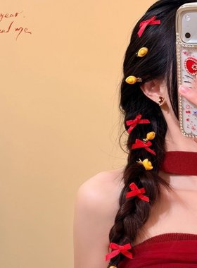 春节新年红色蝴蝶结金元宝发夹女