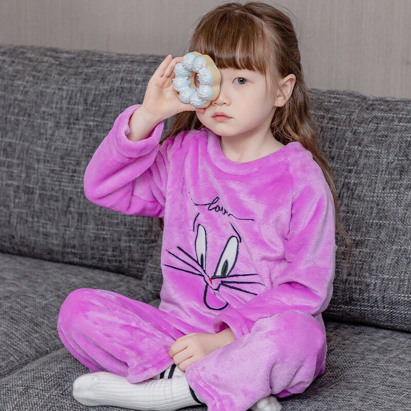 秋冬法兰绒睡衣套装女童冬款家居服 玩具熊童装家居服套装