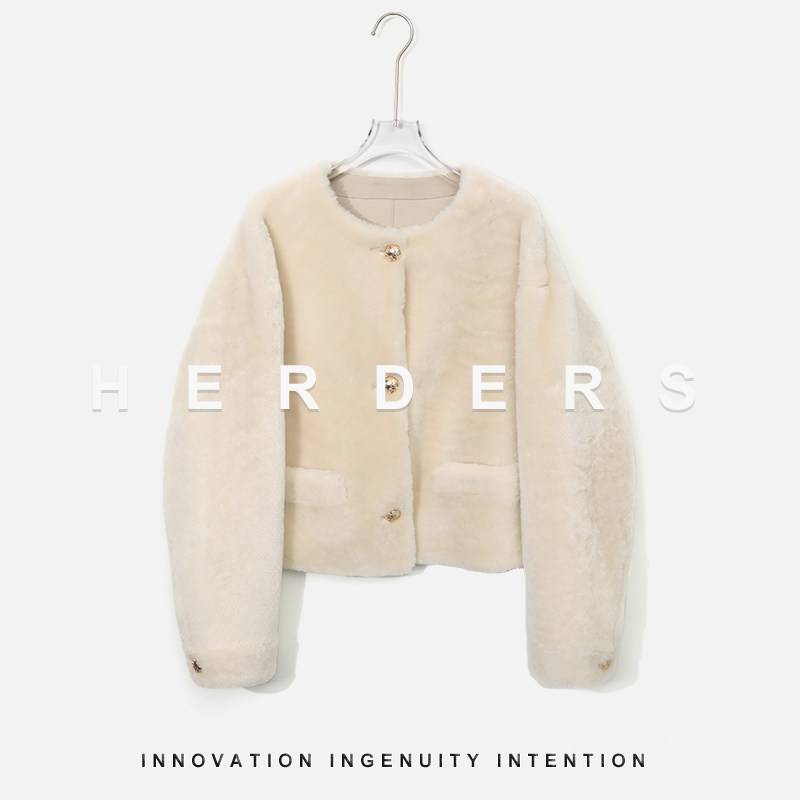 HERDERS “小软羊系列”短款圆领皮毛一体外套 50423,淘宝优惠券,粉丝福利购,淘宝优惠卷