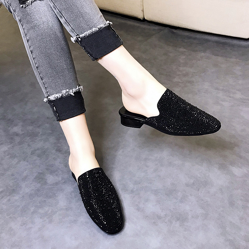 边妮旗舰店新款夏季真皮包头半拖鞋女外穿时尚百搭凉拖鞋水钻懒人穆勒鞋0