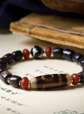 原创设计黑羊角单圈手链文玩三眼虎牙天珠玛瑙民族风手串