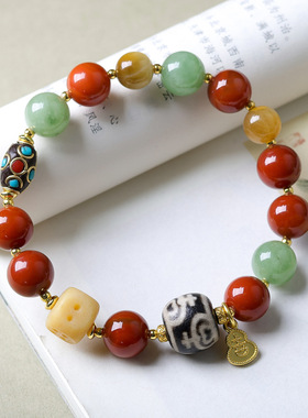 原创宝瓶天珠南红玛瑙多宝手链文玩虎眼珠骨头骰子新中式手串