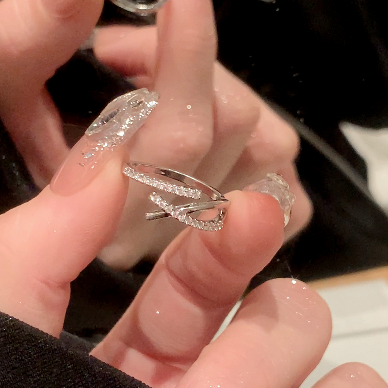 银色双层开口戒指女小众设计锆石素圈食指戒指女时尚个性尾戒指环-图1