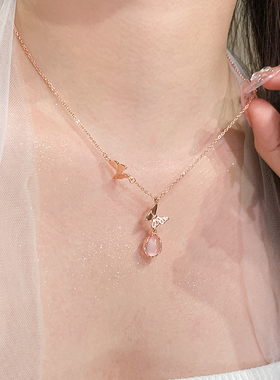铜镀银粉水晶蝴蝶仙子项链女