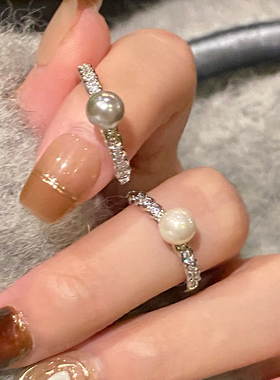 白珍珠镶钻开口戒指女优雅大方