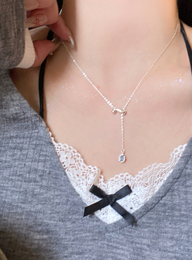 铜镀银蓝色水滴抽拉项链女清新