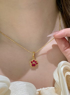 沙金红宝猫爪项链女俏皮有趣