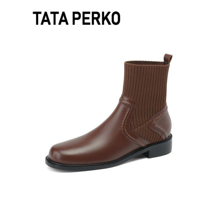 TATA PERKO联名女鞋毛线口靴子休闲女靴圆头短筒皮靴百搭瘦瘦靴