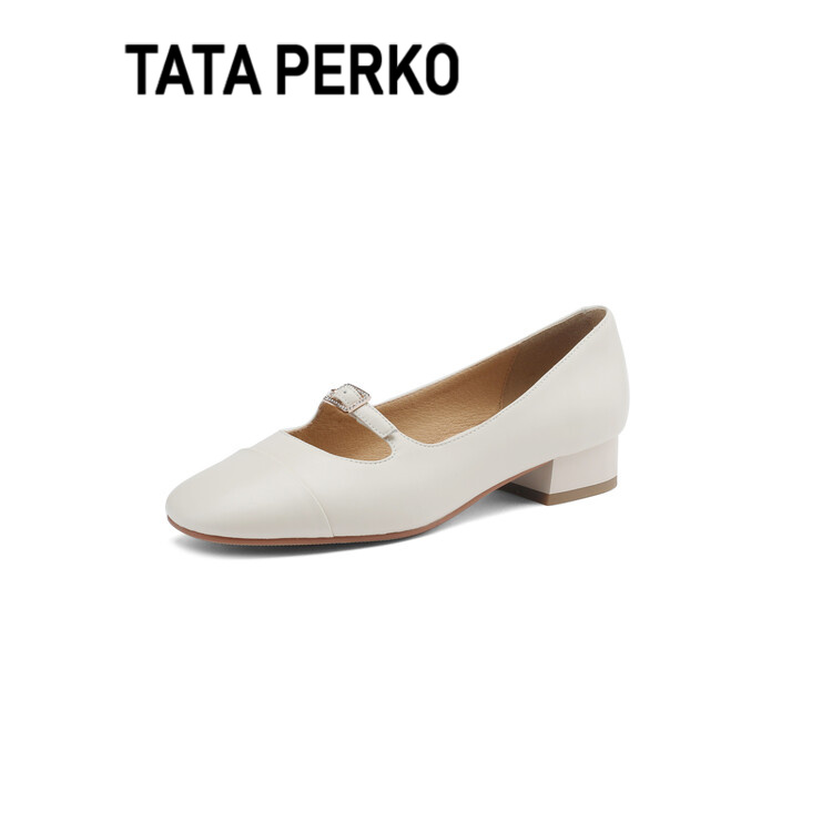 TATA PERKO联名浅口单鞋女真皮简约粗跟新款低跟纯色女奶奶鞋方头 - 图0