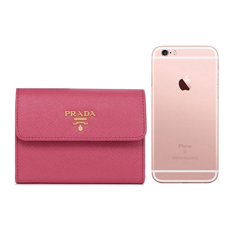 prada女士玫红色牛皮logo饰钱包 联采海外女士包袋