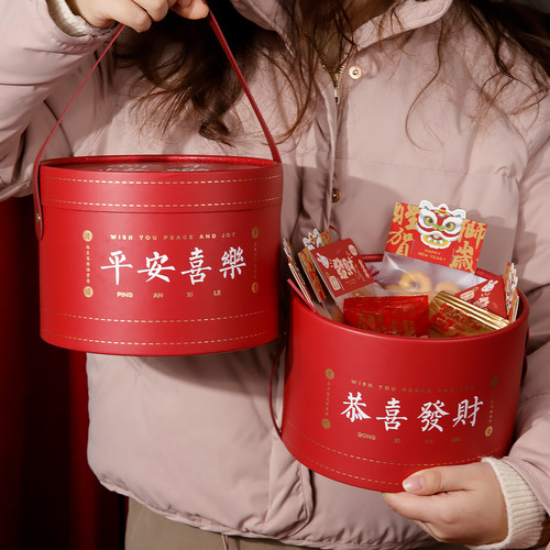 新年高档抱抱桶礼盒包装饼干坚果熟食腊味马年春节货礼品盒空定制 - 图2