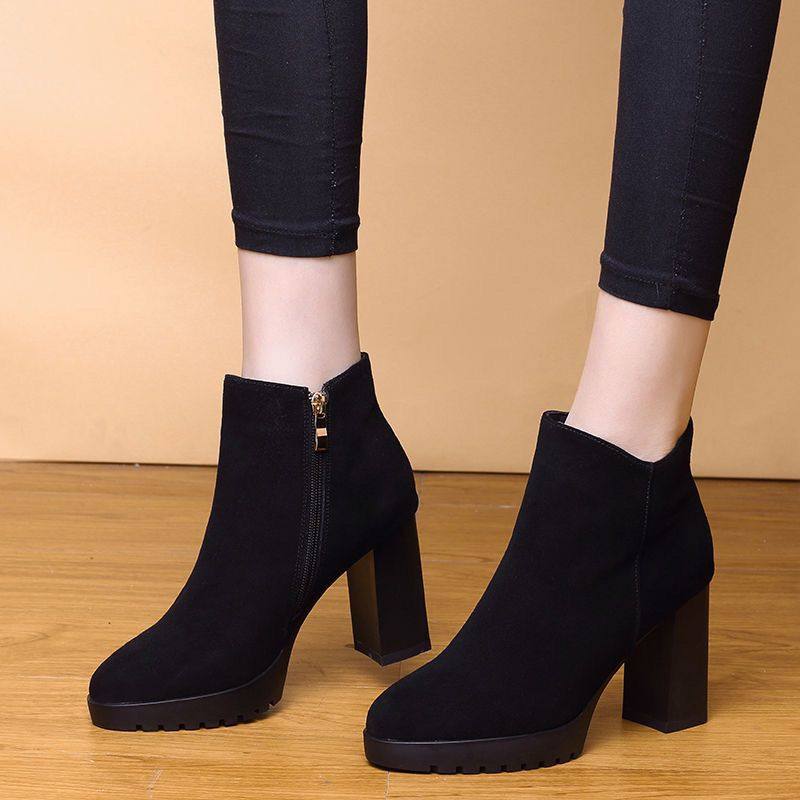 2026冬天高跟鞋女新款粗跟加绒棉鞋厚底磨砂小个子短靴韩版马丁靴,淘宝优惠券,粉丝福利购,淘宝优惠卷