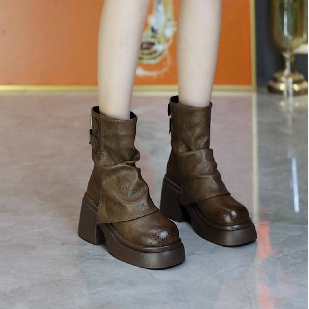 2026秋冬季新款时尚松糕厚底马丁靴百搭显瘦皮带扣堆堆裤管靴女靴,淘宝优惠券,粉丝福利购,淘宝优惠卷