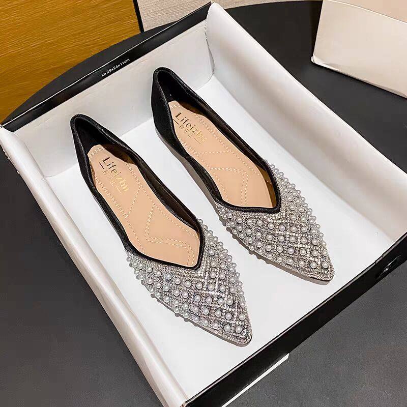 2026法式尖头单鞋女平底晚风温柔水钻珍珠瓢鞋软底女鞋气质豆豆鞋,淘宝优惠券,粉丝福利购,淘宝优惠卷