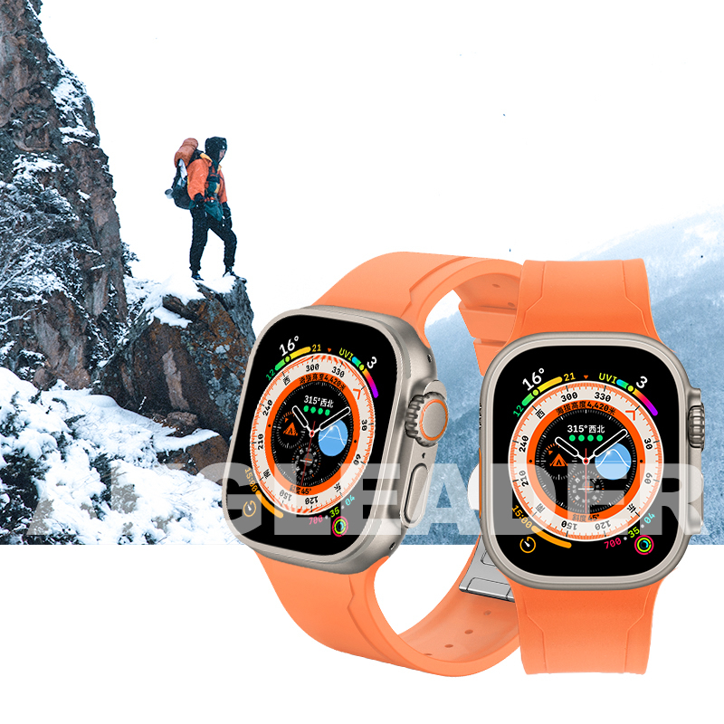 AKGLEADER纯色FKM氟橡胶蝴蝶扣手表带适用苹果iwatch表带Apple Watch Ultra1/2代橙色运动防水45/49mm潮腕带-图0