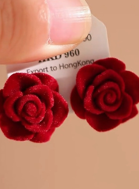 925银针红色玫瑰花朵耳钉
