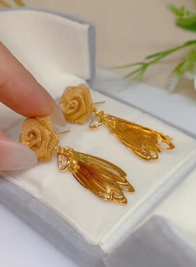 925银针金色玫瑰花叶子流苏耳环