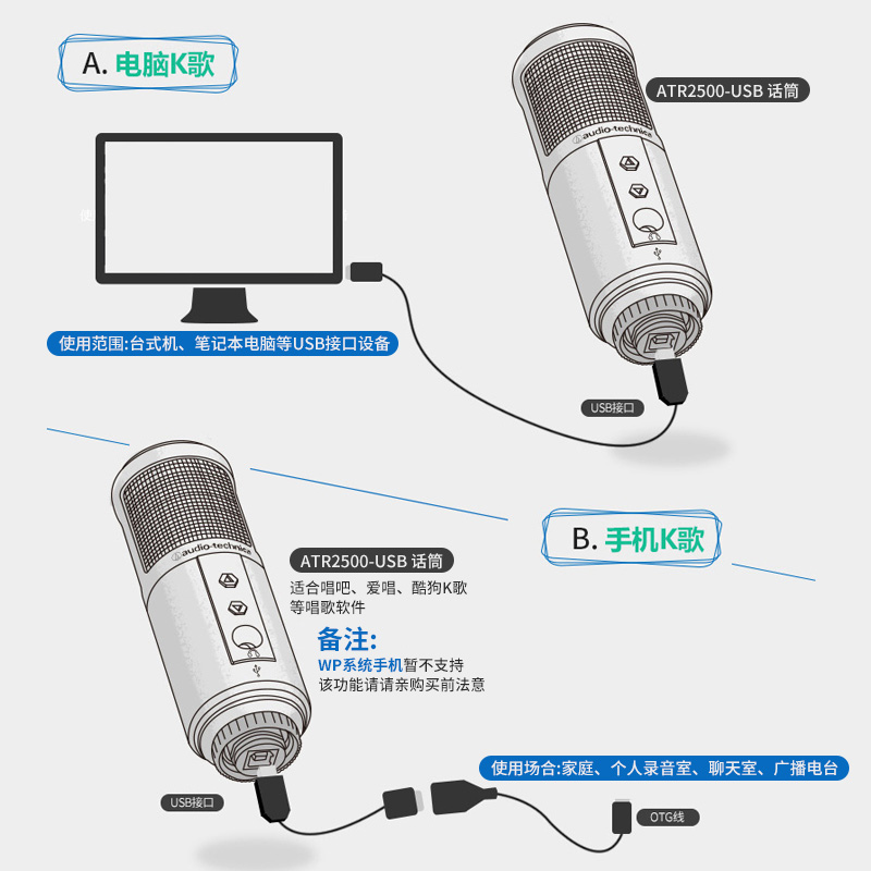 铁三角atr2500电容麦克风手机电脑全民k歌直播专用录音设备套装 - 图2