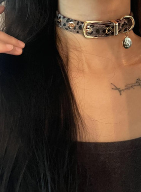 豹纹choker项圈千禧辣妹风咖色毛绒锁骨链小众甜酷亚文化颈链配饰