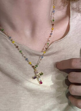 钛钢不掉色彩色十字架项链复古甜酷风小众设计个性超闪锁骨链