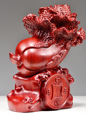 红色木雕刻白菜摆件实木百财雕刻家居客厅玄关装饰开业送礼工艺品