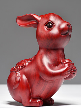 红花梨木雕兔子摆件十二生肖红色木兔实木头工艺品家居客厅装饰品