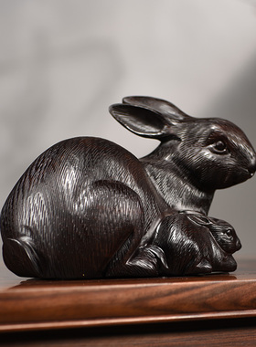 黑檀雕刻母子红木家居客厅摆件