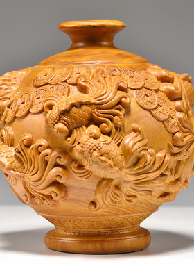 香樟木雕金玉满堂花瓶摆件年年有鱼客厅插花装饰家居实木质工艺品
