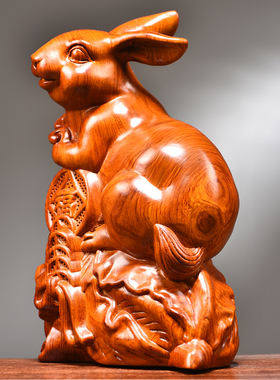 木雕兔子摆件实木十二生肖兔装饰