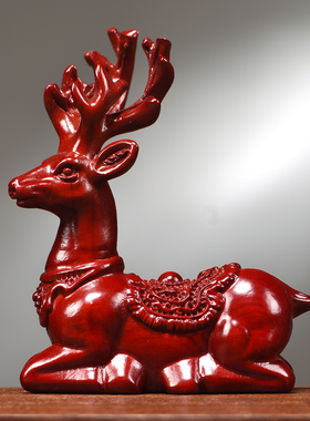 红花梨木雕梅花鹿摆件实木一对