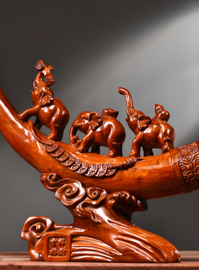 花梨木雕象牙摆件实木大象装饰