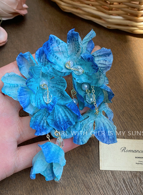 蓝色碎冰花朵流苏耳环女多巴胺