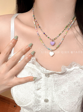 多巴胺彩色串珠爱心项链锁骨链女