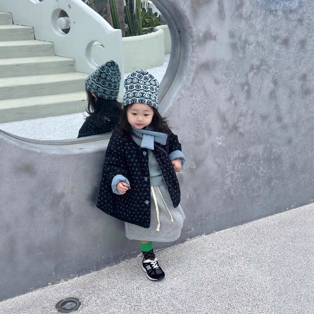 两面穿~韩系童装男女童复古碎花两面配围巾绗缝夹棉蓝色棉服外套 - 图1