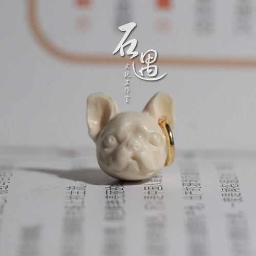 天然猛犸保真牙雕无毛猫小狗头个性文玩手串配饰铜圈提溜可爱饰品 - 图1