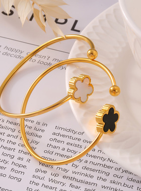 Korean fashion flower jewelry inlaid bracelet钛钢开口手镯