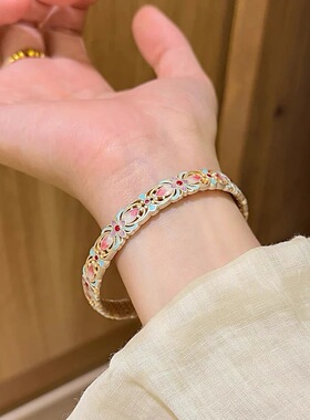 花满筑宫廷描金珐琅彩[晓芙蓉]开口手镯女新中式镯子镀纯银不掉色