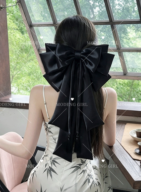 【墨知羽】超大重工款~高级黑缎面蝴蝶结发饰流苏长飘后脑勺发饰