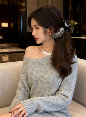 法式格蕾系灰色丝绒蝴蝶结蕾丝香蕉夹后脑勺盘发抓夹发饰温柔竖夹