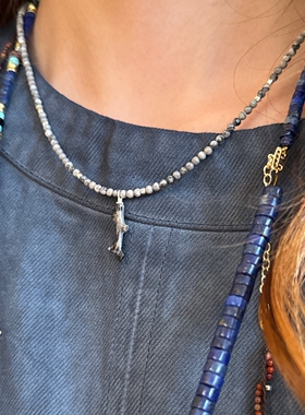 SALE E PEPE胡椒盐 纯银黑网格石地图石珊瑚串珠项链吊坠锁骨链