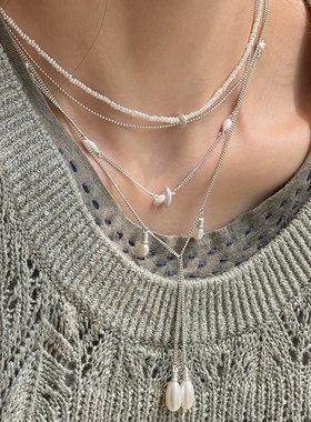 OLIO E ACETO油醋汁 纯银手工银线石珠帘长项链米粒拼接锁骨链