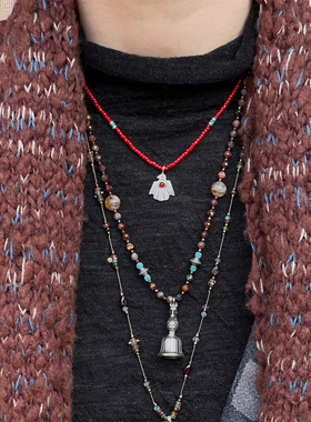 ENSAGE/APT702 游牧雷灵925银吊坠项链 雷鸟红色琉璃珠串珠毛衣链